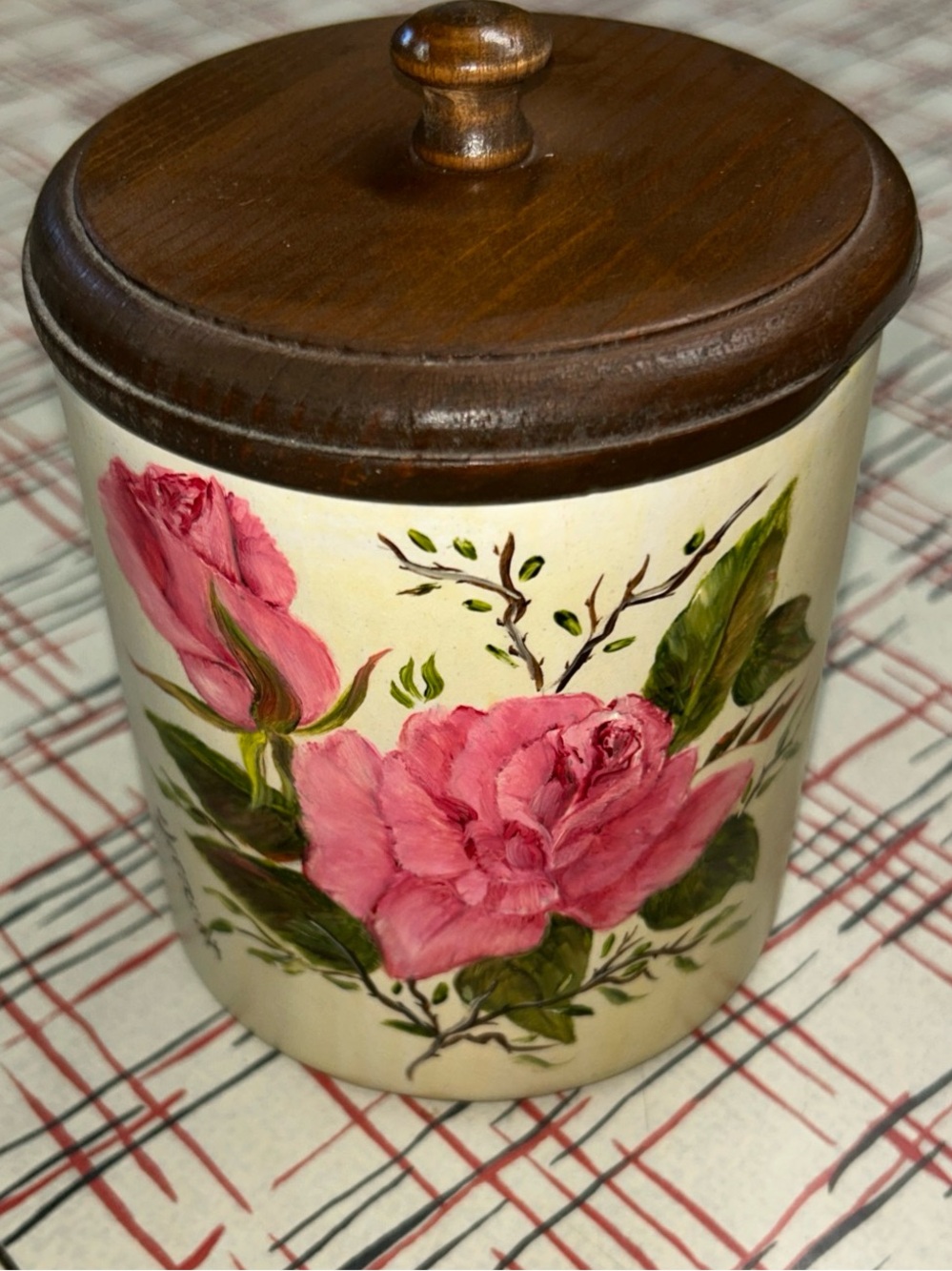 Vintage Ceramic Floral Kitchen Canister with Wood Lid